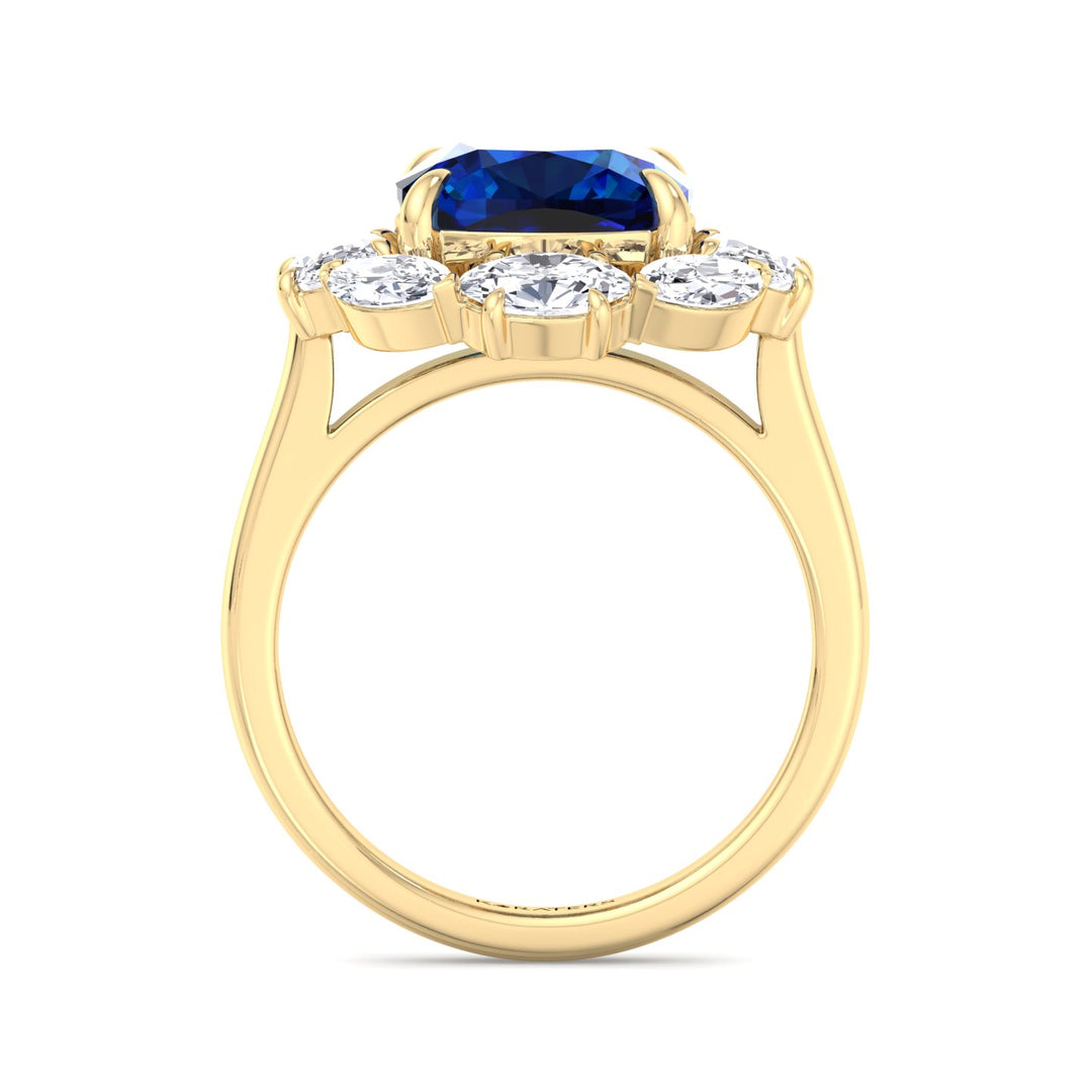 Blue Sapphire Ring Cushion Cut & Lab Diamond Halo Yellow