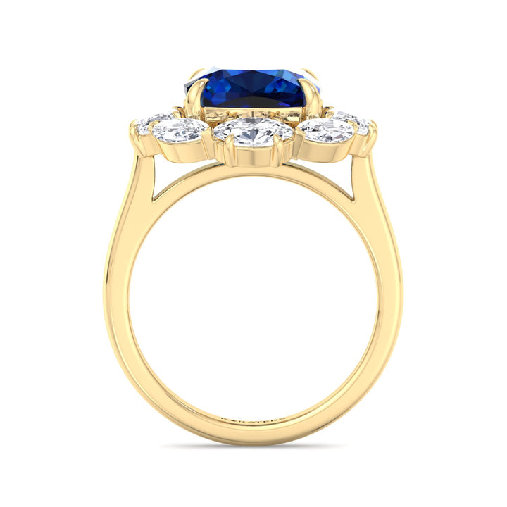 Blue Sapphire Ring Cushion Cut & Lab Diamond Halo Yellow