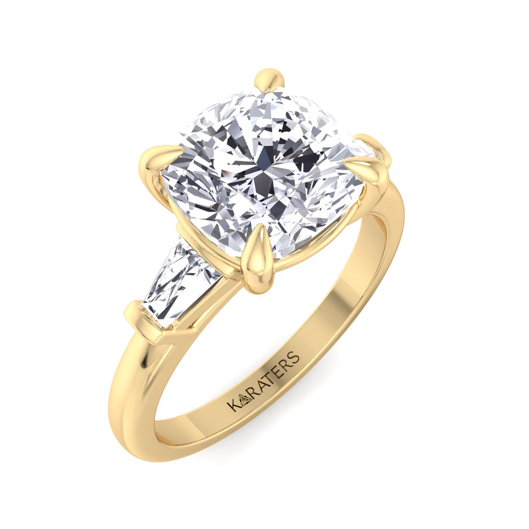 Cushion Cut Solitaire Lab Diamond Engagement Ring with Tapered Baguette SideStones