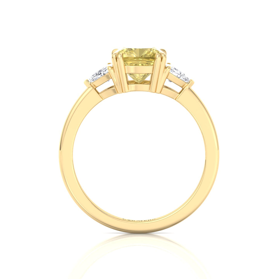 Fancy Yellow Cushion Cut Lab Grown Diamond Engagement Ring with Trillion Sidestones Yellow Gold