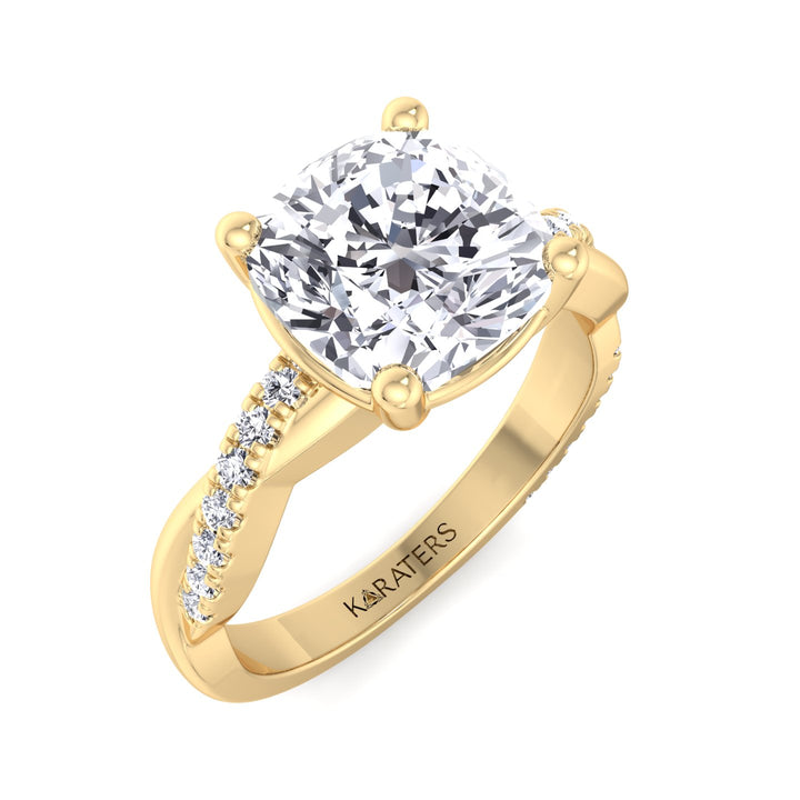 Cushion Cut Lab Grown Diamond Engagement Ring With Twist Band & SideStones