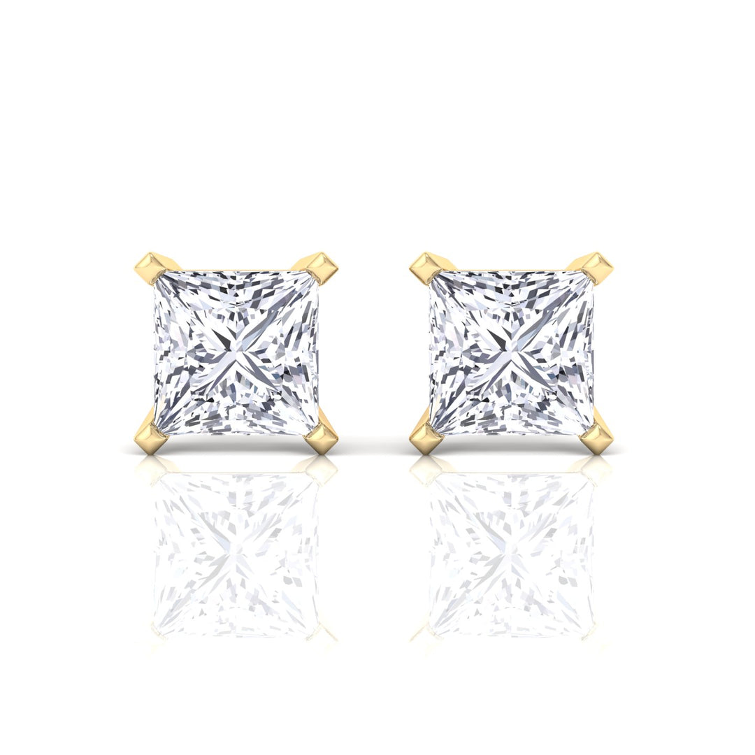 Princess Cut Men's Lab Grown Diamond Studs - Yellow Gold- 4CT
