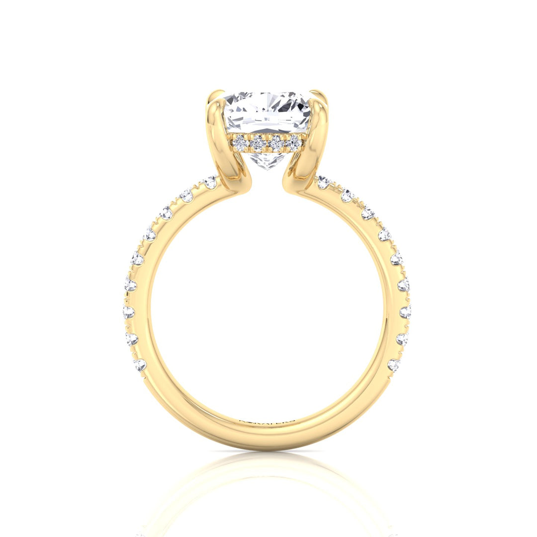 Cushion Cut Lab Grown Diamond Engagement Ring with Sidestones and Hidden Halo Yellow Gold