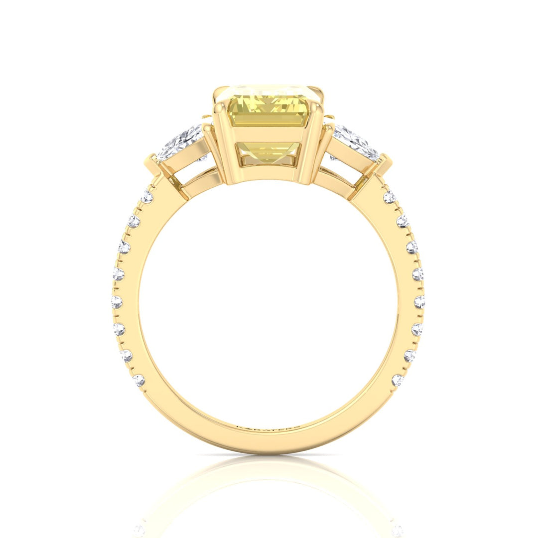 Fancy Yellow Emerald Shape Lab-Grown Diamond Engagement Ring with Trillion and Pave Sidestones
