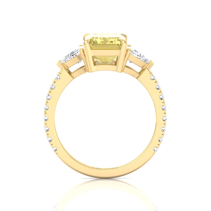 Fancy Yellow Emerald Shape Lab-Grown Diamond Engagement Ring with Trillion and Pave Sidestones