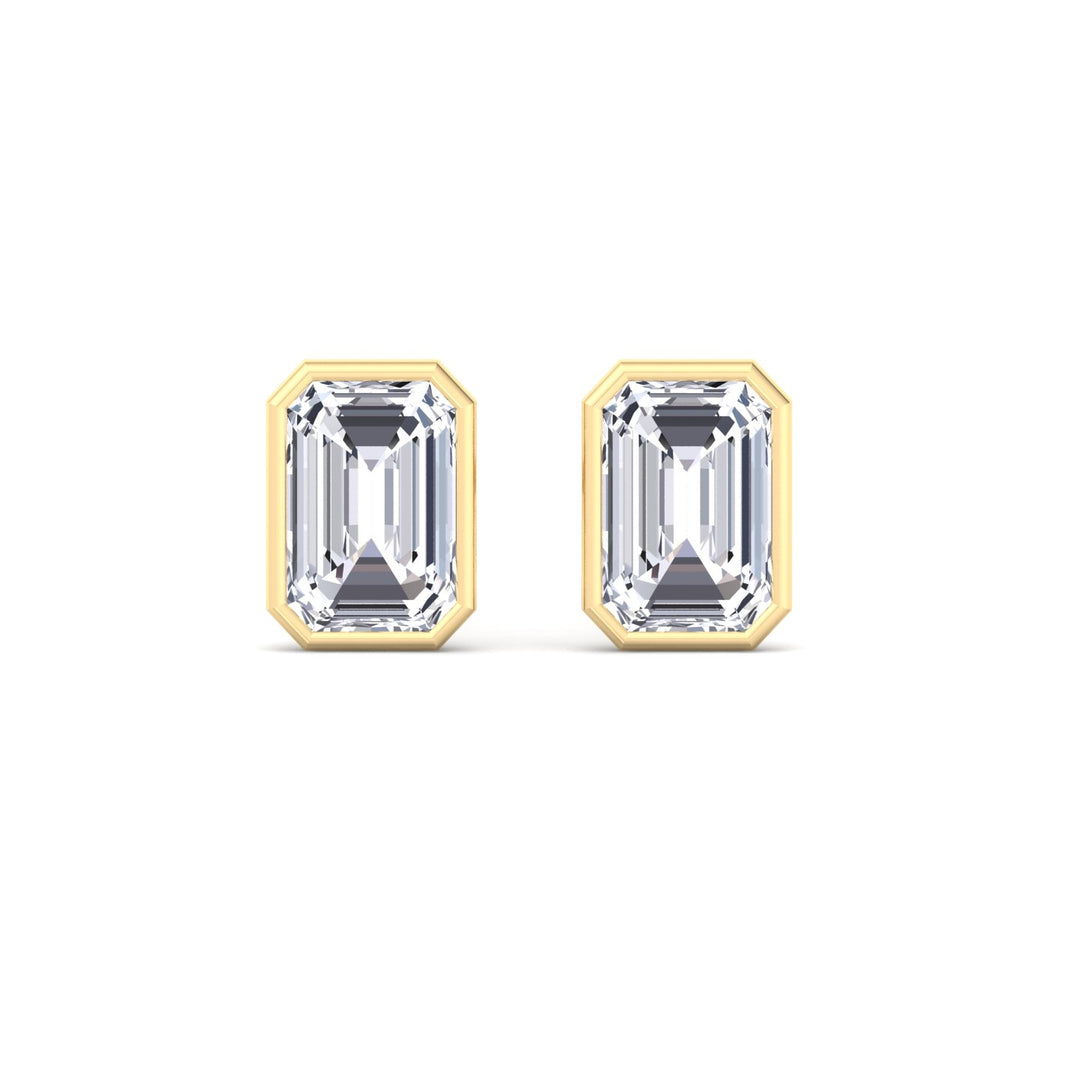 Bezel Set Emerald Shape Lab Grown Diamond Studs Yellow Gold  14K