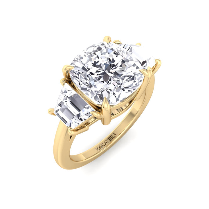 Cushion & Trapezoid Three Stone Lab-Diamond Engagement Ring Yellow Gold 18K