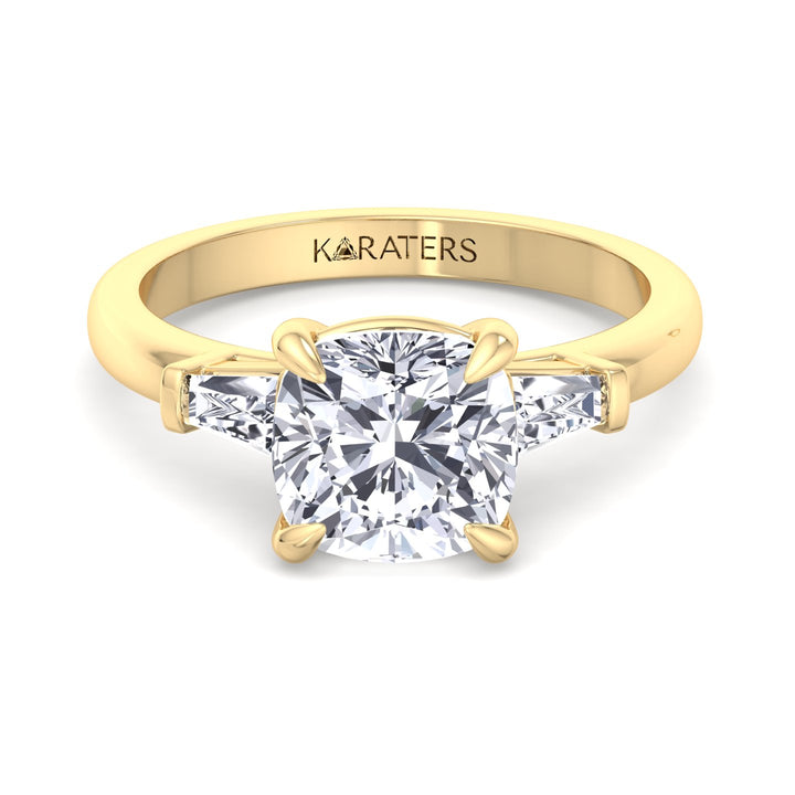 Cushion Cut Solitaire Lab Diamond Engagement Ring with Tapered Baguette SideStones