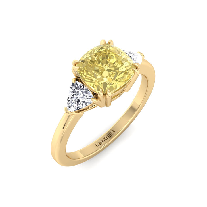Fancy Yellow Cushion Cut Lab Grown Diamond Engagement Ring with Trillion Sidestones Yellow Gold 18K