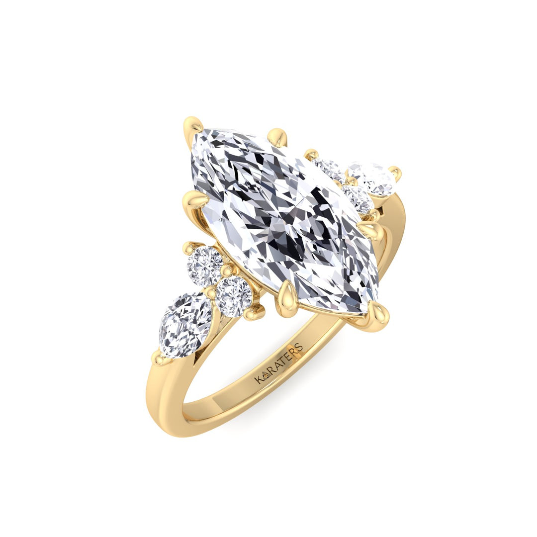 Marquise Shape Lab Grown Diamond Engagement Ring with Marquise and Round Sidestones-18K-1CT-2CT-3CT-4CT-5CT-6CT-7CT-8CT-9CT-10CT-Yellow Gold
