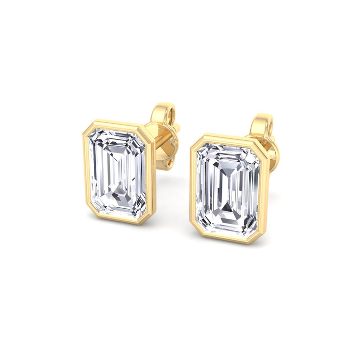 Bezel Set Emerald Shape Lab Grown Diamond Studs Yellow Gold  18K