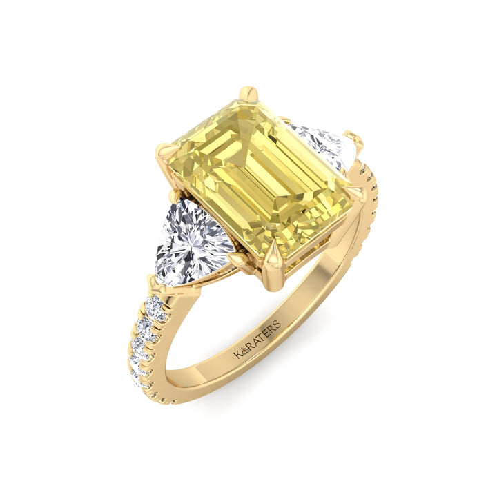 Fancy Yellow Emerald Shape Lab-Grown Diamond Engagement Ring with Trillion and Pave Sidestones
