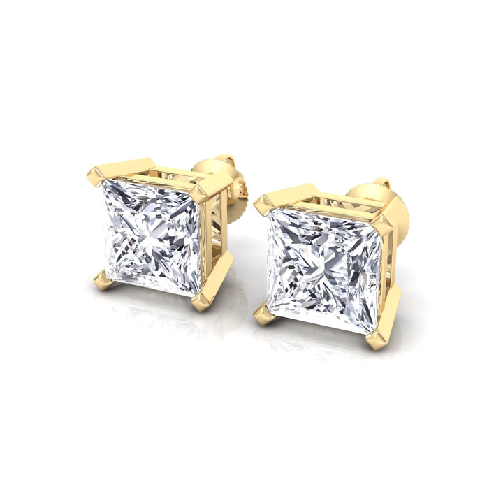 Princess Lab Grown Diamond Studs- Yellow Gold- 3CT