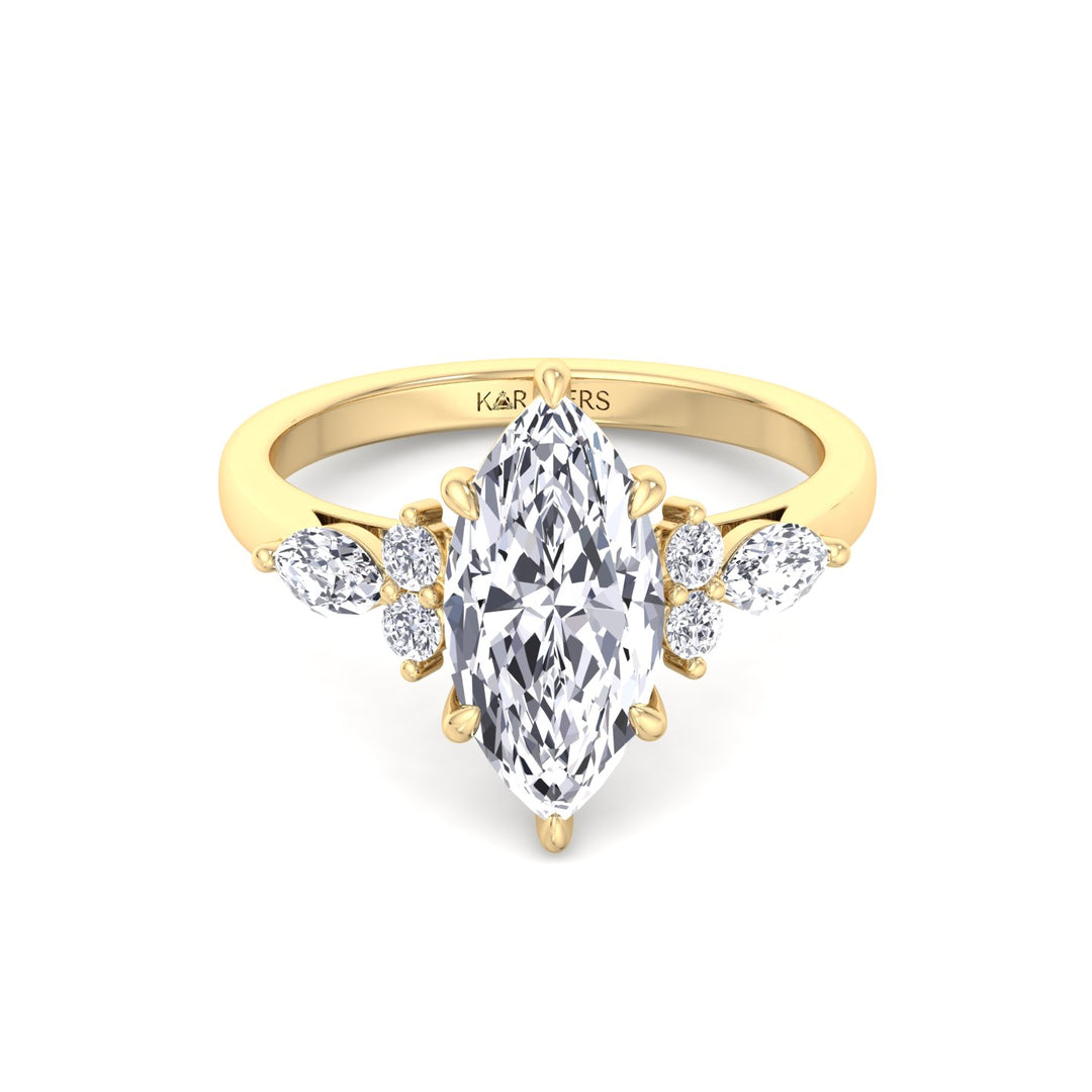 Marquise Shape Lab Grown Diamond Engagement Ring with Marquise and Round Sidestones-14K-18K-Yellow Gold