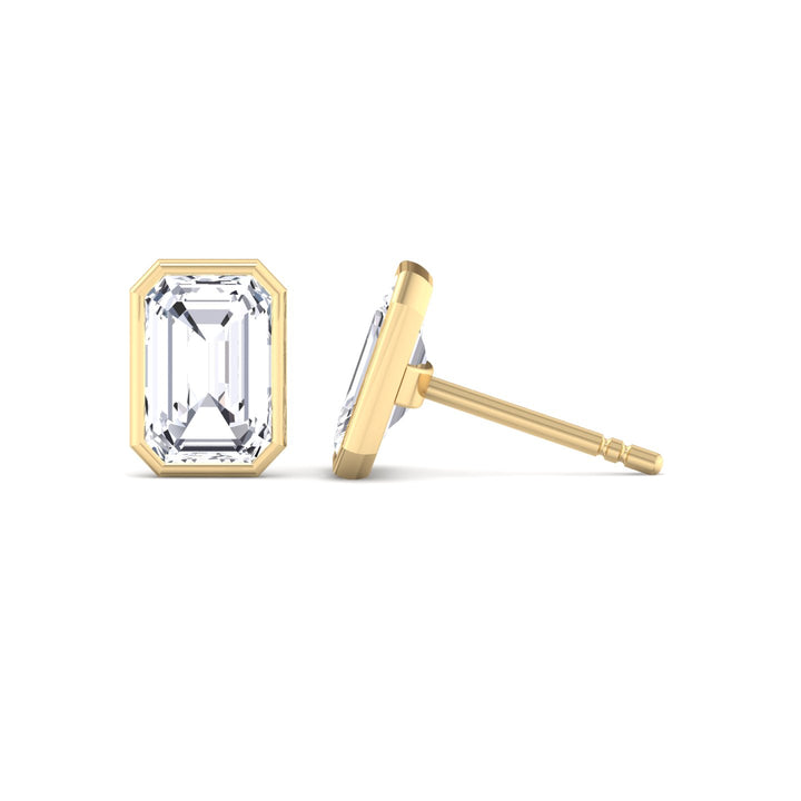 Bezel Set Emerald Shape Lab Grown Diamond Studs Yellow Gold