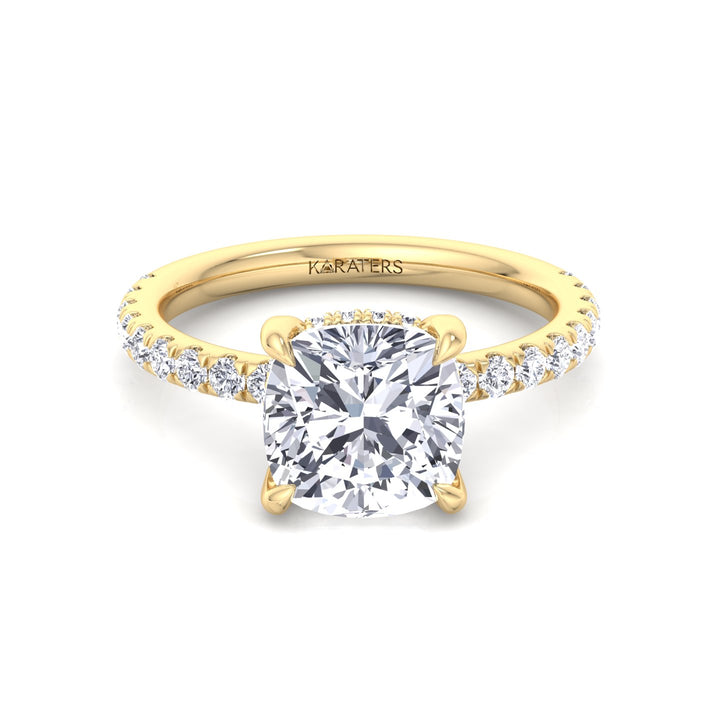 Cushion Cut Lab Grown Diamond Engagement Ring with Sidestones and Hidden Halo Yellow Gold 14K