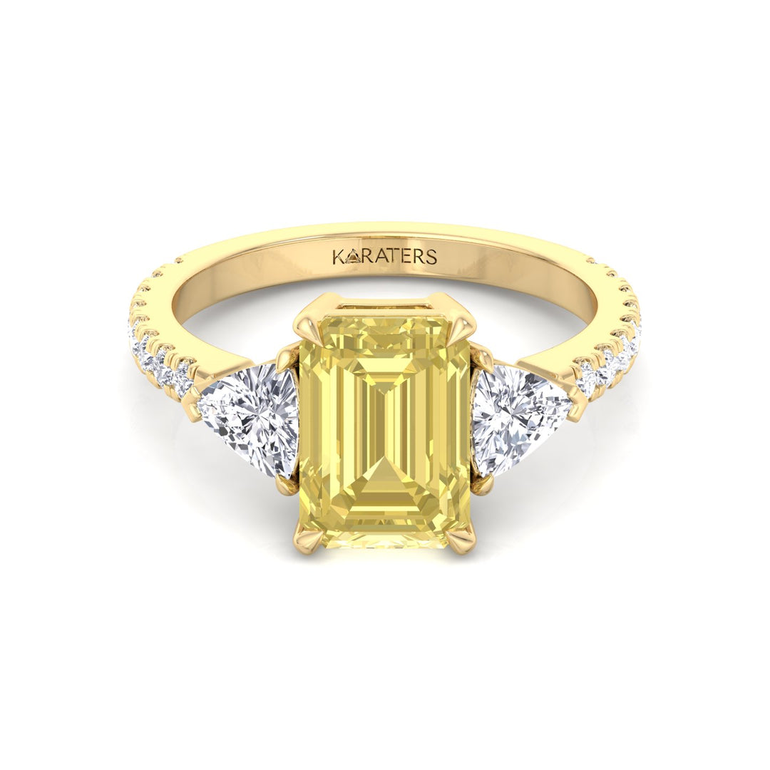 Fancy Yellow Emerald Shape Lab-Grown Diamond Engagement Ring with Trillion and Pave Sidestones