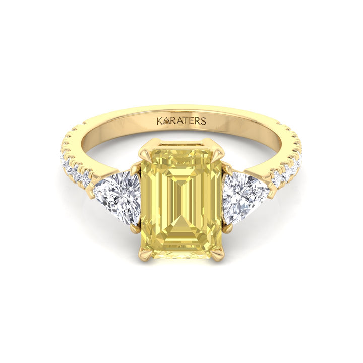 Fancy Yellow Emerald Shape Lab-Grown Diamond Engagement Ring with Trillion and Pave Sidestones