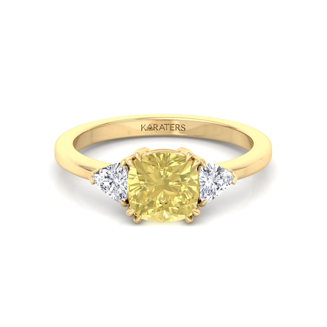 Fancy Yellow Cushion Cut Lab Grown Diamond Engagement Ring with Trillion Sidestones Yellow Gold 14K