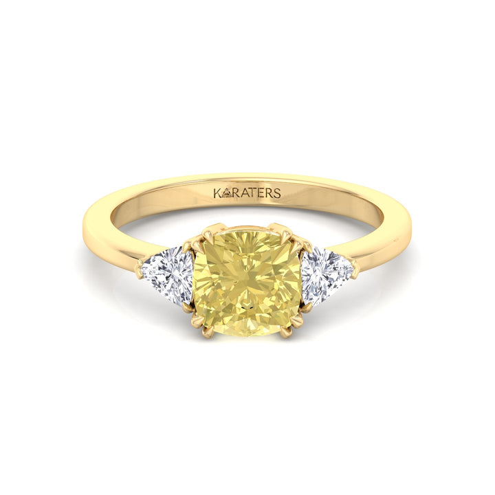 Fancy Yellow Cushion Cut Lab Grown Diamond Engagement Ring with Trillion Sidestones Yellow Gold 14K