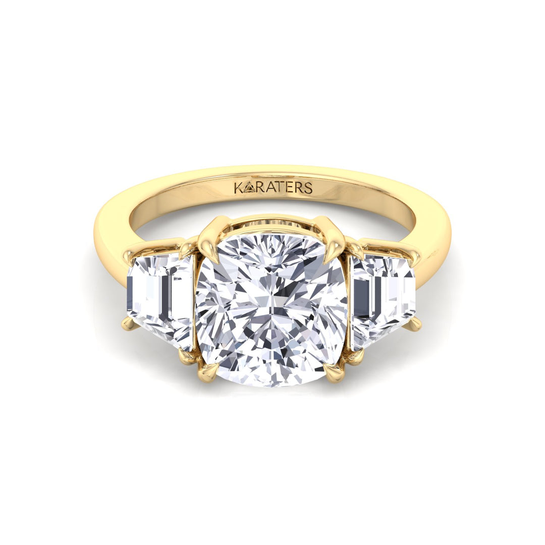 Cushion & Trapezoid Three Stone Lab-Diamond Engagement Ring Yellow Gold 14K