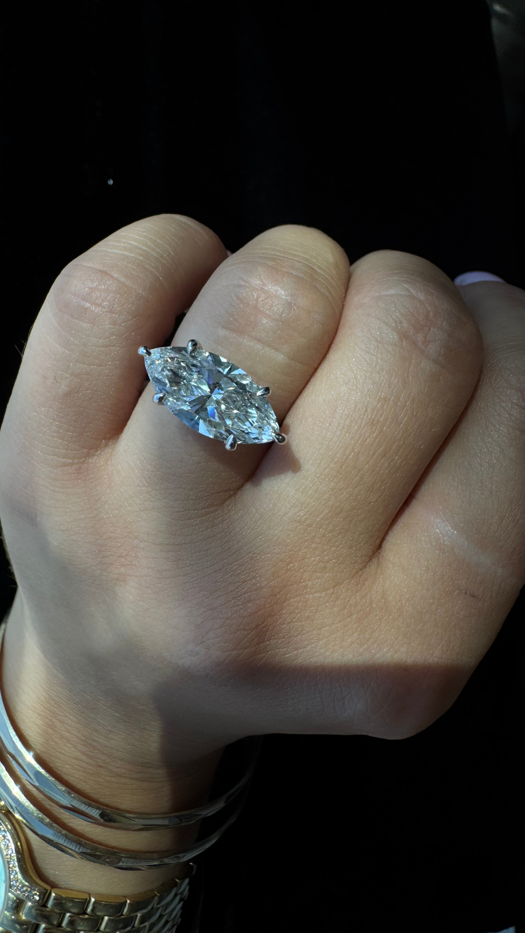 East-West marquise cut lab-grown diamond engagement ring with side stones in 14K white gold, LDM400