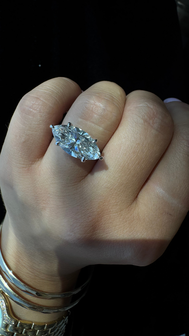 East-West marquise cut lab-grown diamond engagement ring with side stones in 14K white gold, LDM400