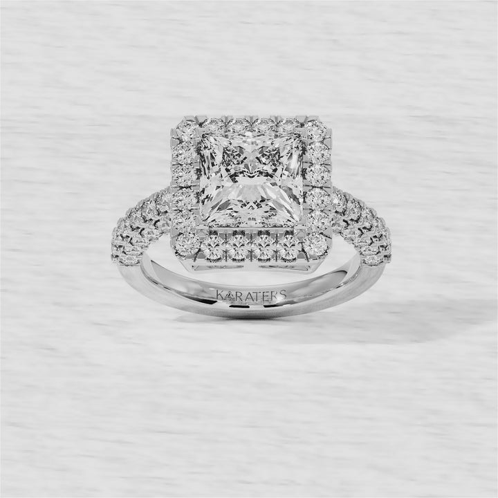 Princess-Cut Halo Ring with Semi-Pave White Gold Band