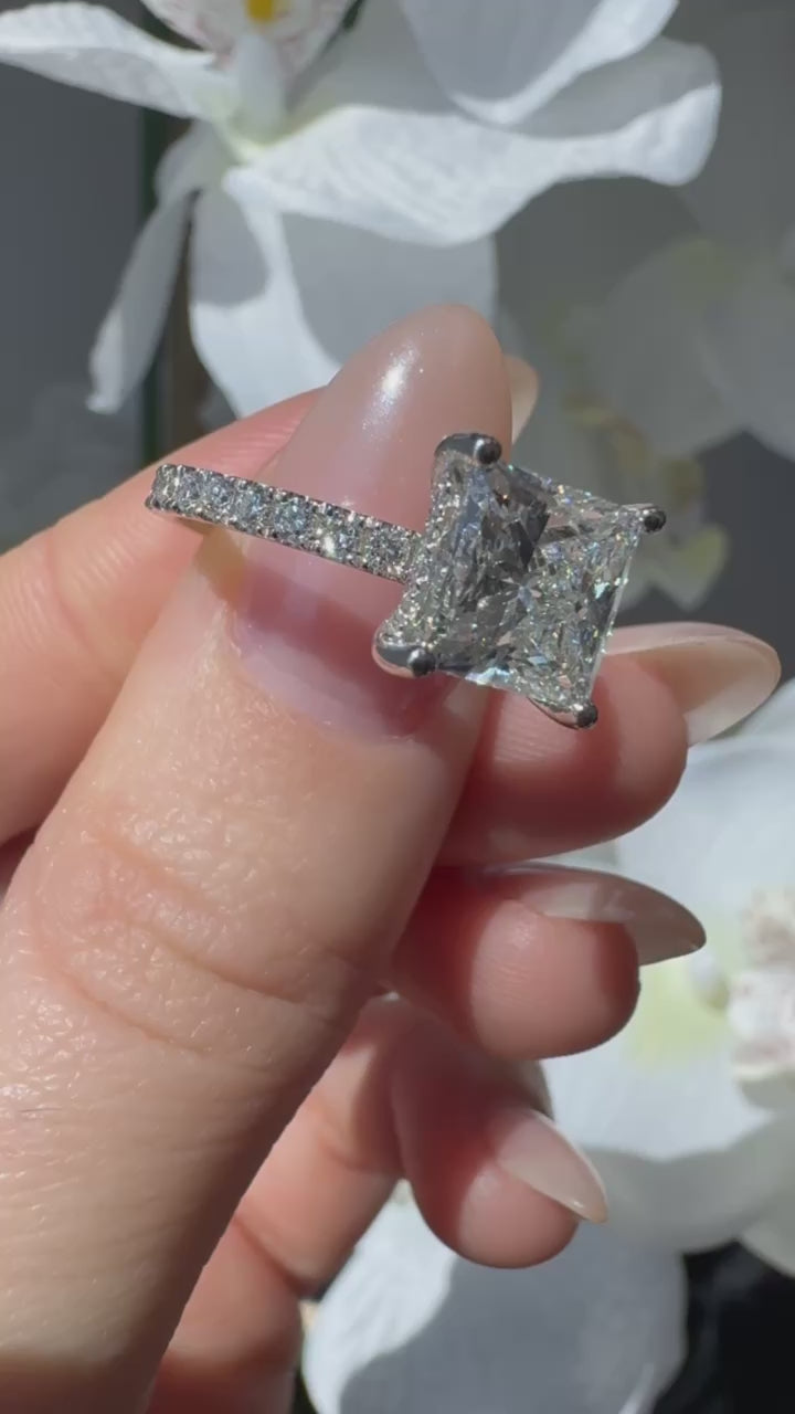 Princess Lab Diamond Ring White Hidden Halo & Pave Band