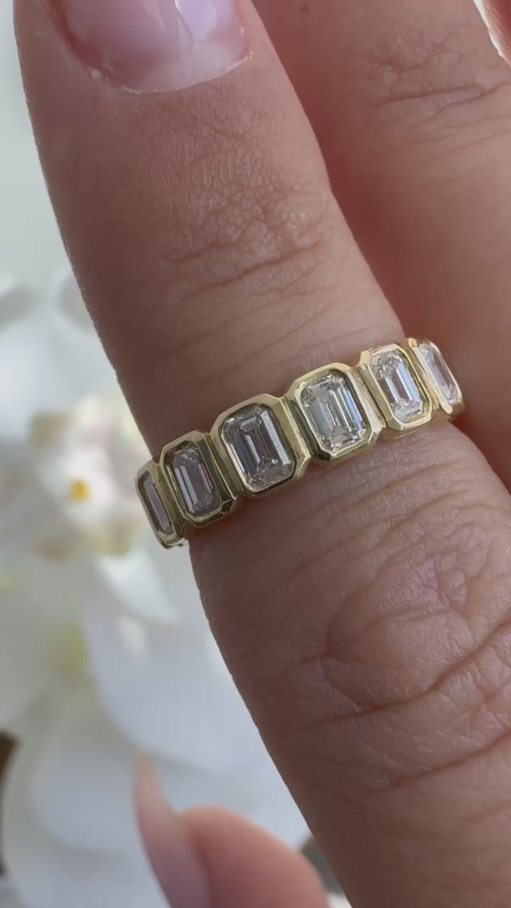 Bezel Set Radiant Shape Lab Grown Diamond Eternity Band Rose Gold 14K Yellow Video