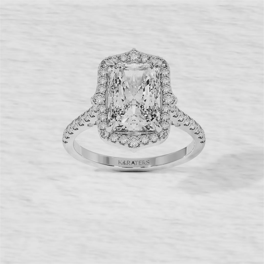 Vintage Radiant Lab Diamond Ring Halo White Gold