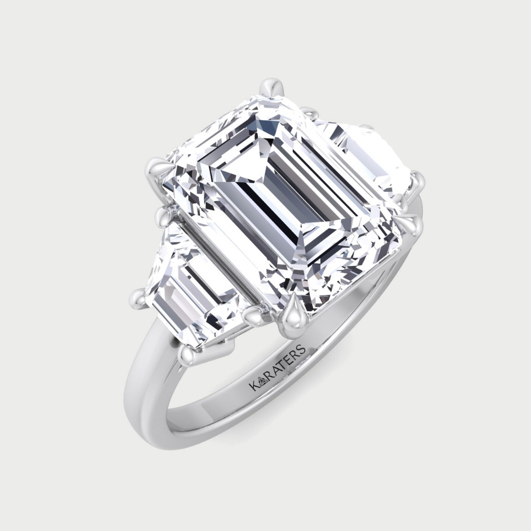 Emerald & Trapezoid Three Stone Lab-Diamond Engagement Ring