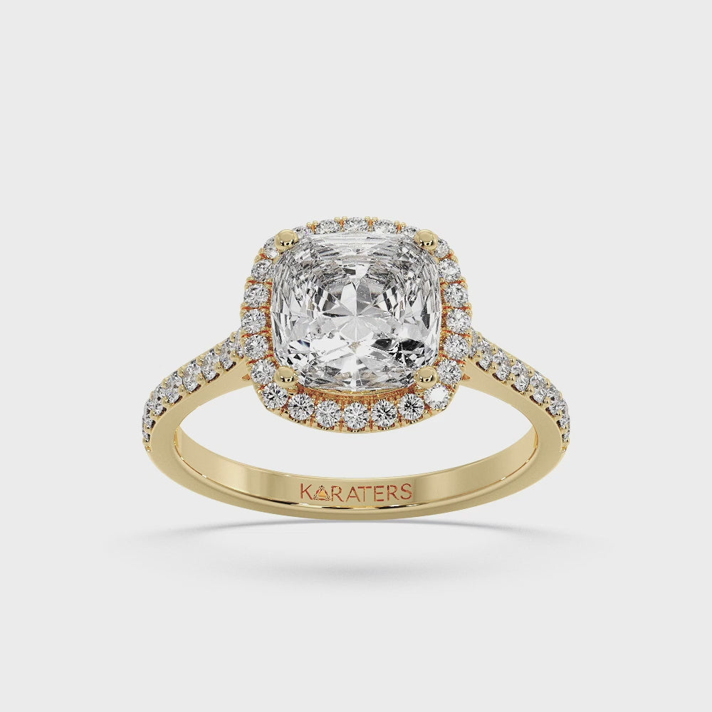 Cushion Cut Halo Lab Diamond Ring Thick Pave Band Yellow