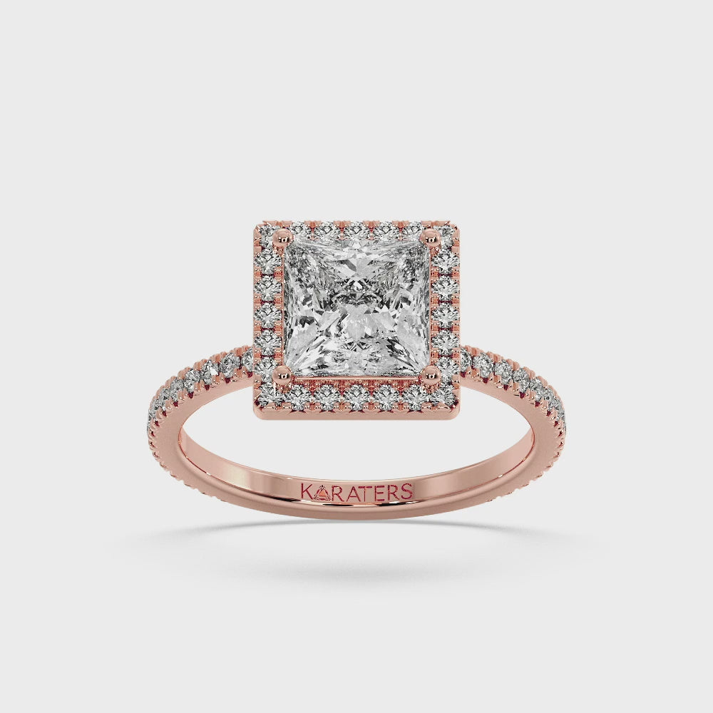 Princess Lab Diamond Ring with Pavé Side Stones & Halo Rose