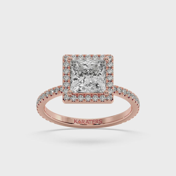 Princess Lab Diamond Ring with Pavé Side Stones & Halo Rose