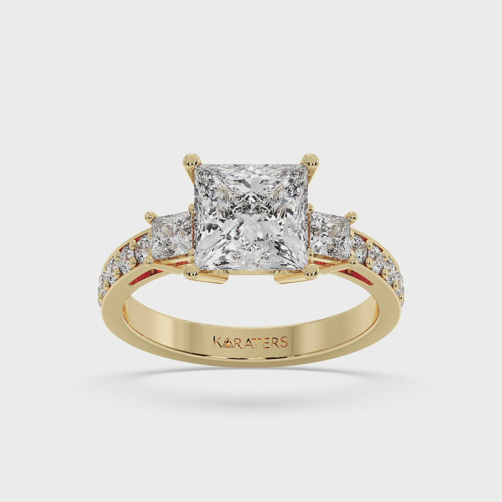 Princess Lab Grown Diamond Ring Yellow Gold SideStones