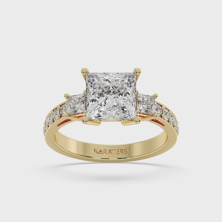 Princess Lab Grown Diamond Ring Yellow Gold SideStones