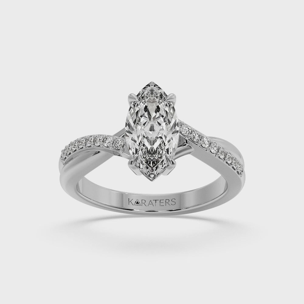 Lobelie - Marquise Cut Lab Grown Diamond Engagement Ring With Twist Pave Band, White Gold