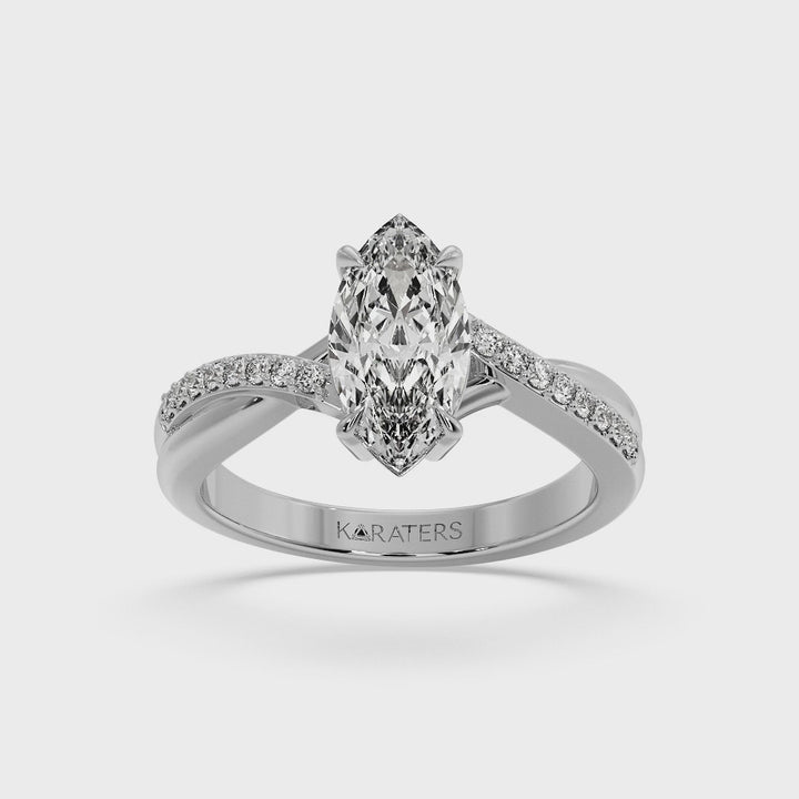 Lobelie - Marquise Cut Lab Grown Diamond Engagement Ring With Twist Pave Band, White Gold