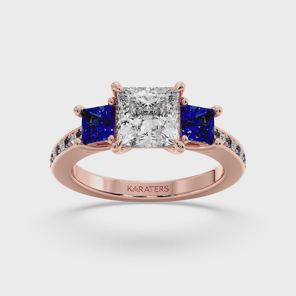 Princess Lab Diamond Rose Ring Sapphire Sidestones