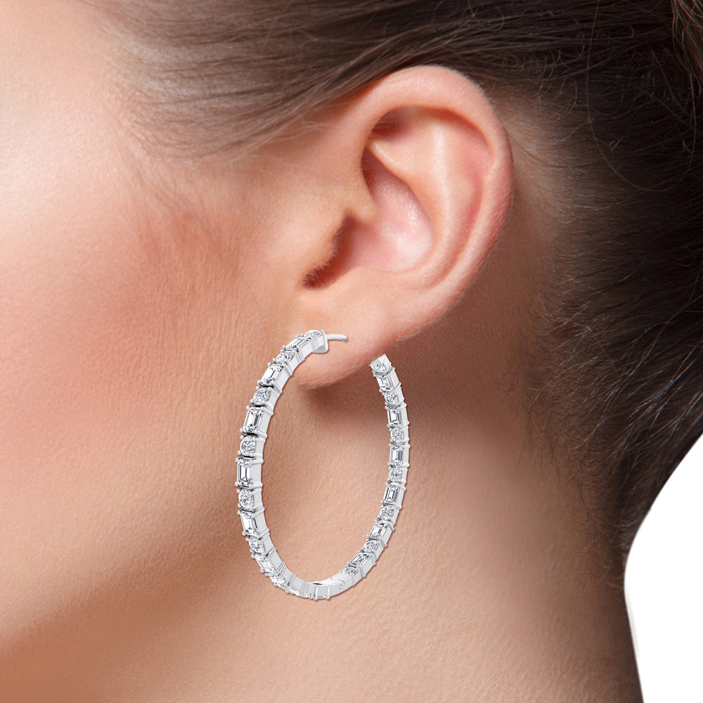 Emerald and Round Cut Eternity Hoops White