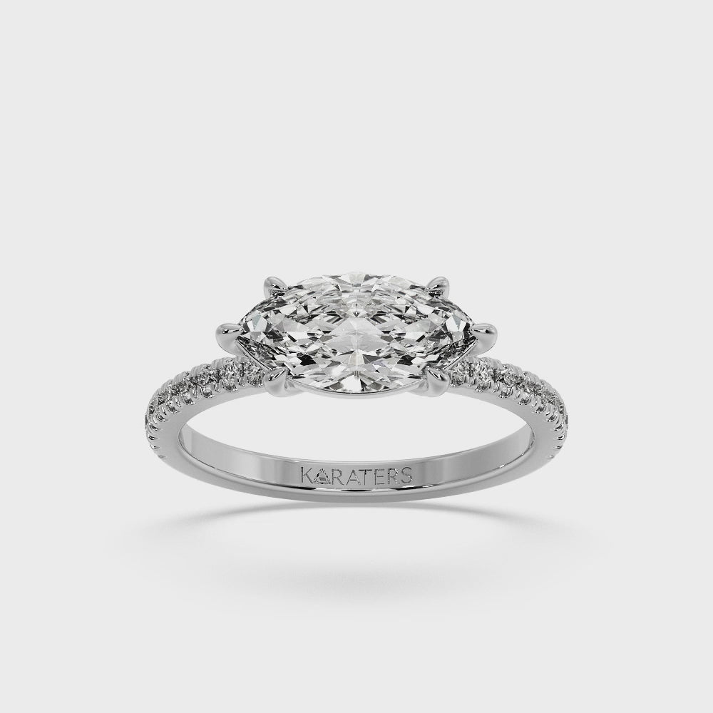 Enzian - East To West Marquise Cut Lab White Gold Diamond Engagement Ring With Side Stones