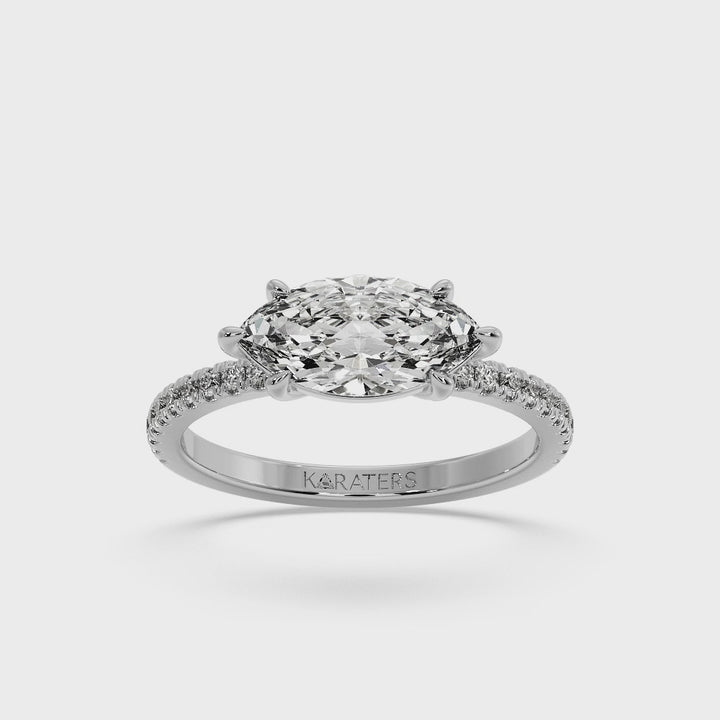 Enzian - East To West Marquise Cut Lab White Gold Diamond Engagement Ring With Side Stones