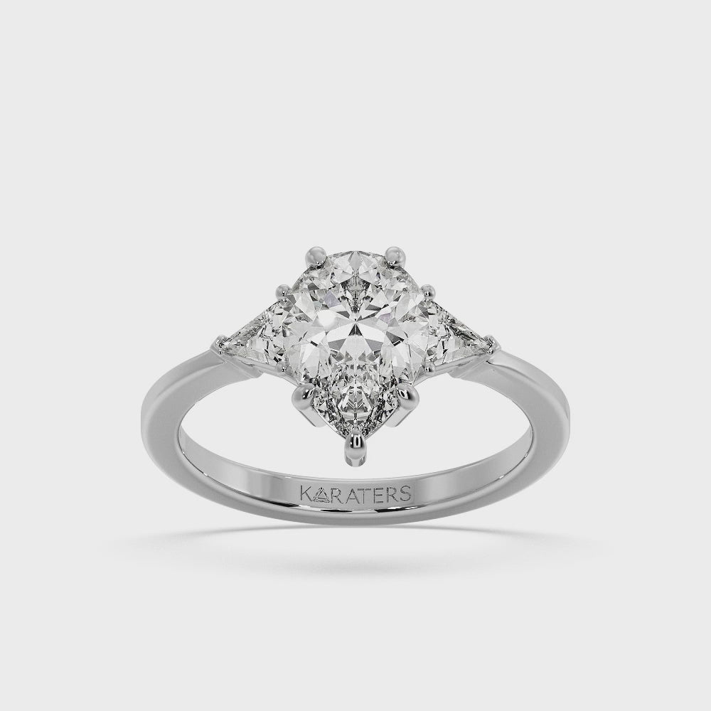 Beber - Pear Shape Lab White Gold Diamond Engagement Ring with Trillion Side Stones