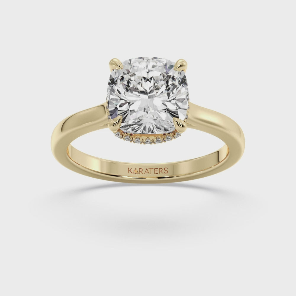 Cushion Cut Lab Grown Diamond Solitaire Engagement Ring with Hidden Halo