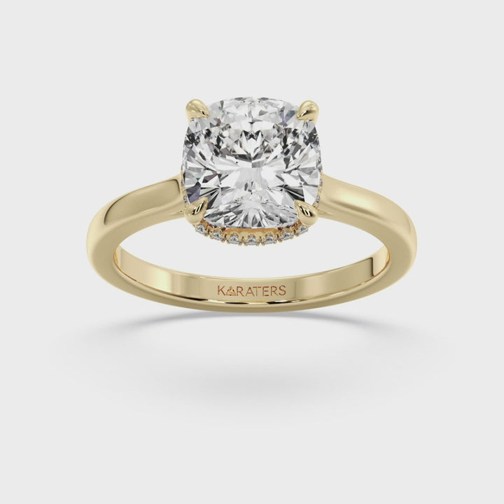 Cushion Cut Lab Grown Diamond Solitaire Engagement Ring with Hidden Halo