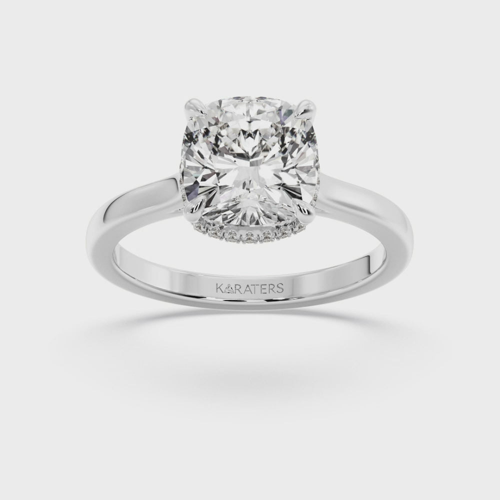 Cushion Cut Lab Grown Diamond Solitaire Engagement Ring with Hidden Halo