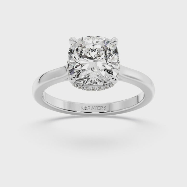 Cushion Cut Lab Grown Diamond Solitaire Engagement Ring with Hidden Halo