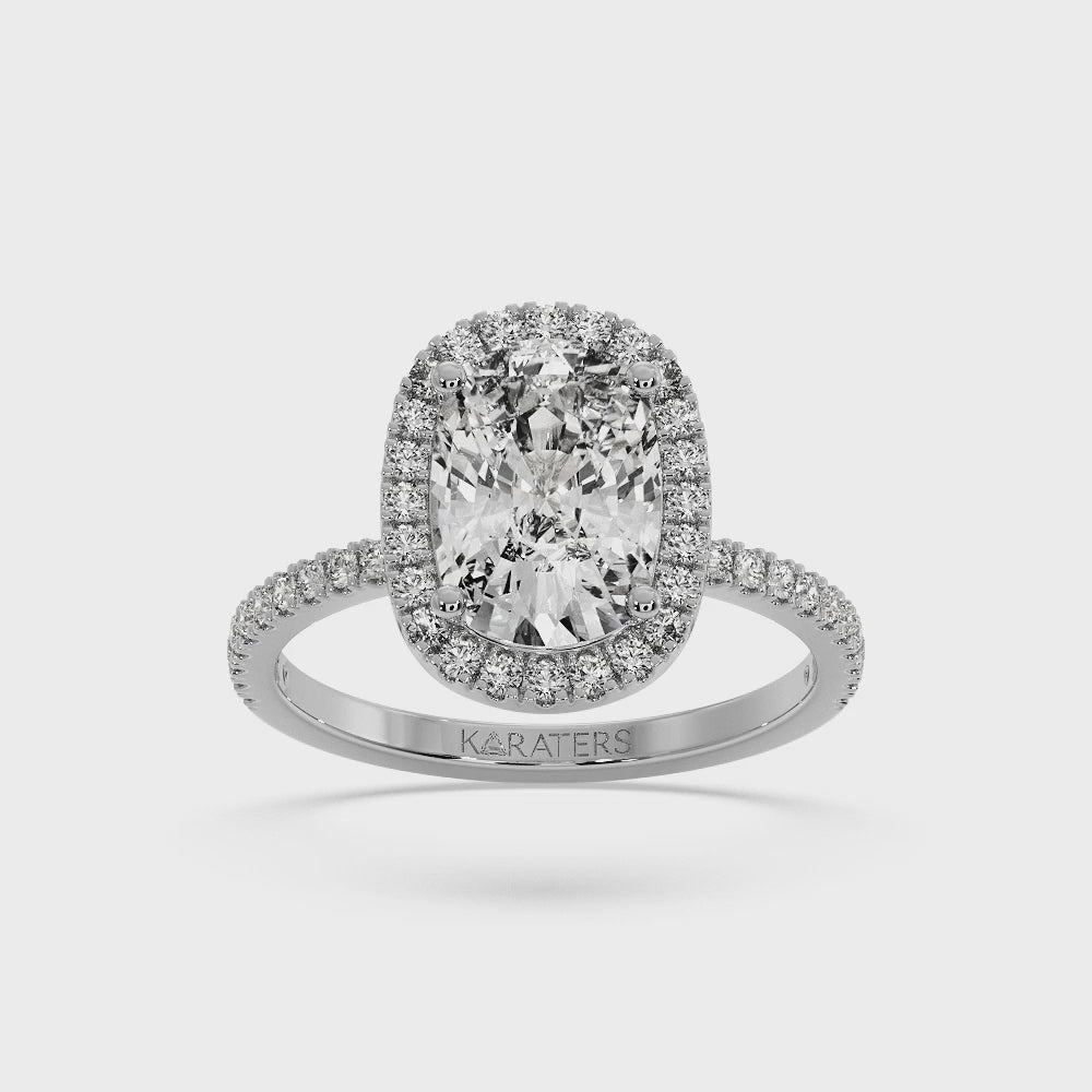 Gladioaus-Elongated Cushion Cut Halo White Gold Lab Grown Diamond Engagement Ring with Side Stones