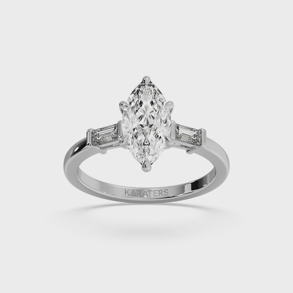 Iris - Marquise Cut Lab White Gold Diamond Ring With Baguette SideStones